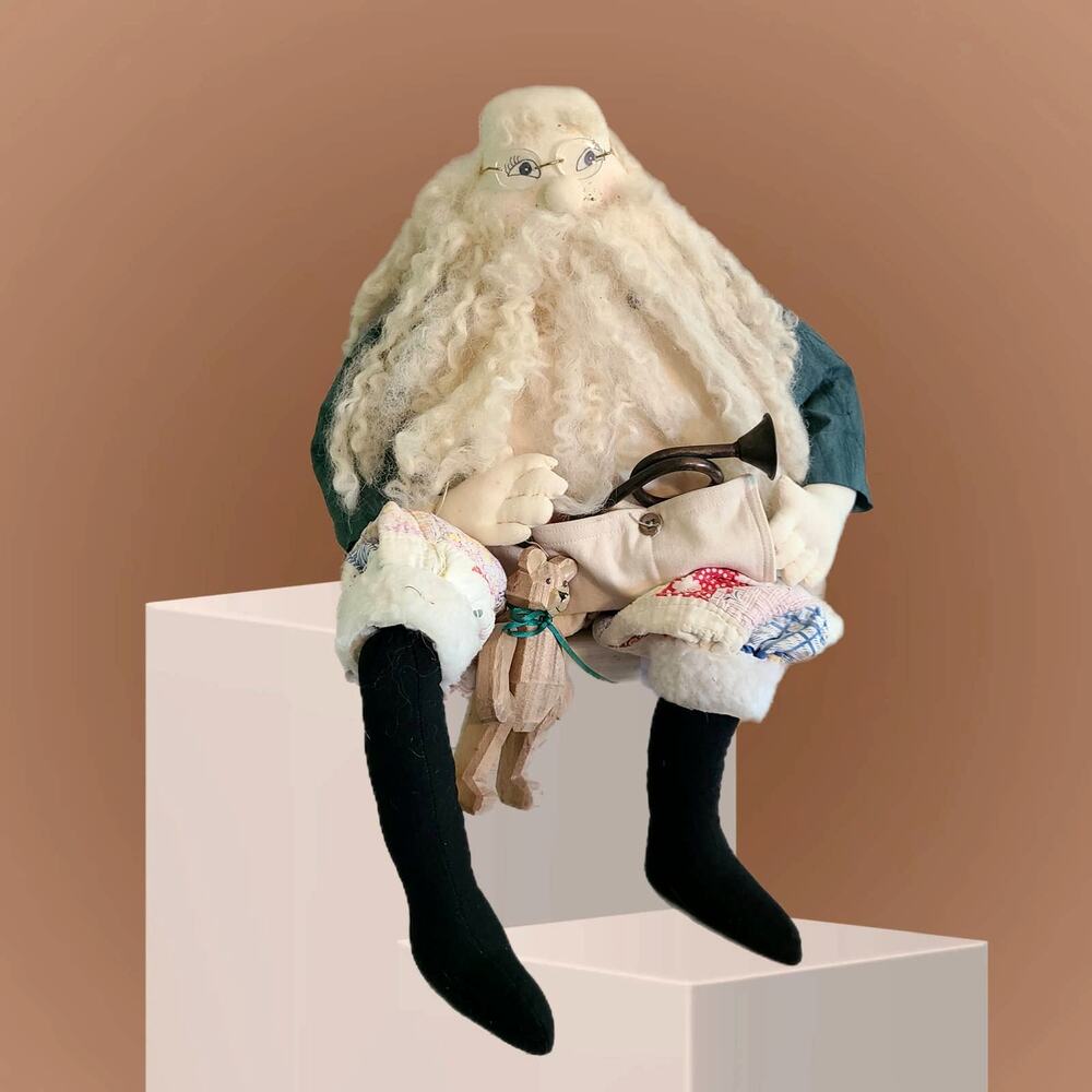 Vintage Handmade Old World Santa Shelf Sitter Carpenter Christmas Plush Decor